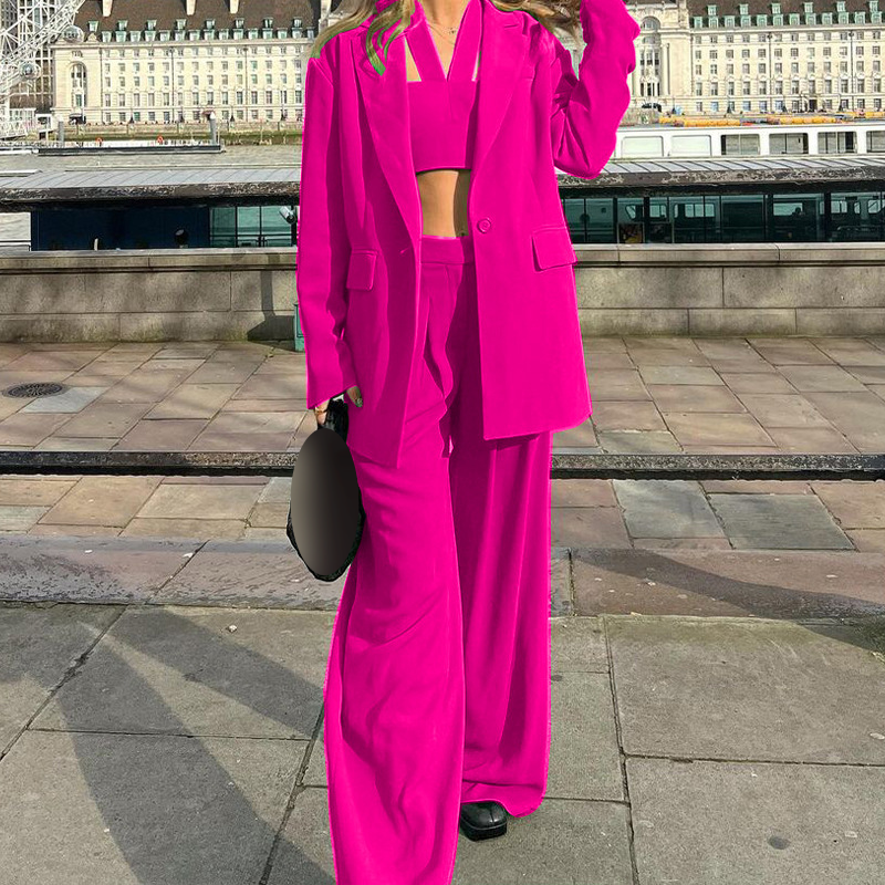 Kadın Moda Mizaç Uzun kollu Blazer Rahat Pantolon Takım Elbise Üç Parçalı Set_voghion.com