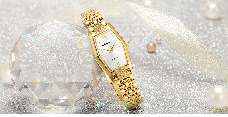 BERNY Golduhren für Damen, zierliche Luxus-Diamant-Armbanduhr aus Edelstahl, wasserdicht, Vintage, römische Ziffern, analoge Quarz-Armbanduhr für Damen_voghion.com