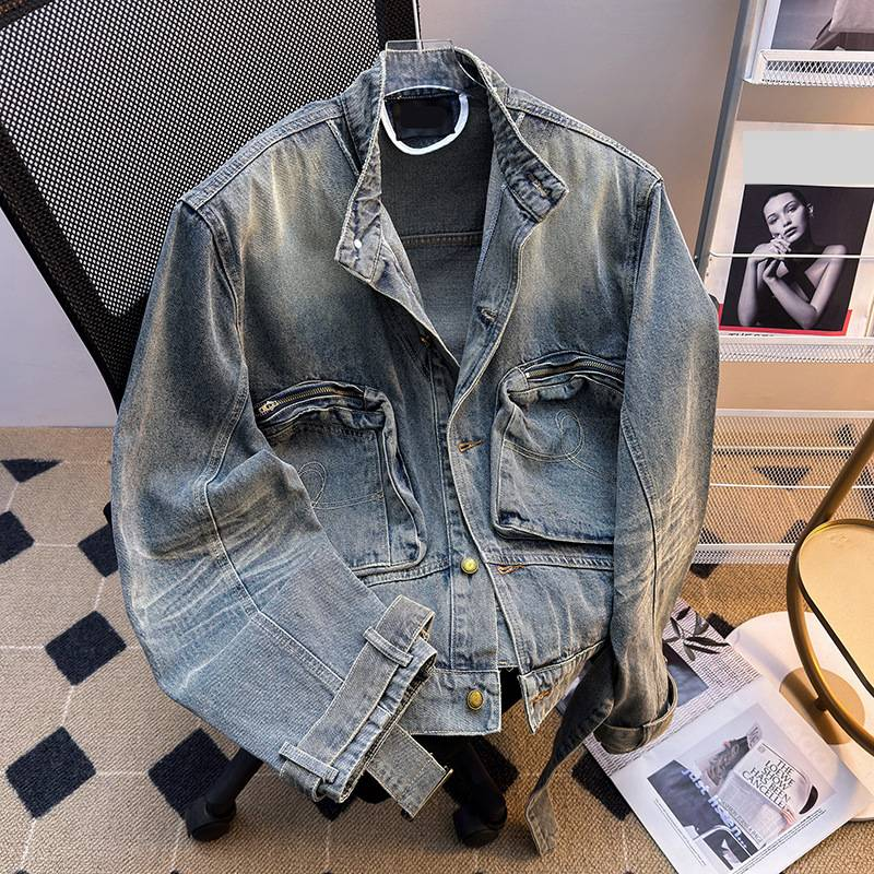 Herrenbekleidung Vintage-Jeansjacke im Washed-Look für Herren mit Gürtel und mehreren Taschen, Distressed-Schulterpolster, Retro-Kurzmantel, lässiger Blazer im amerikanischen Stil_voghion.com