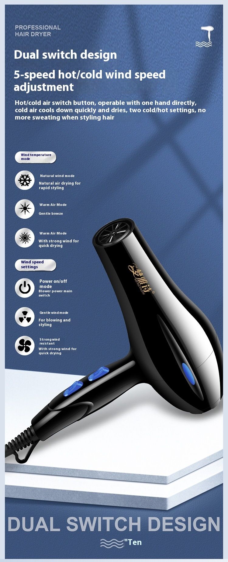 750W Compact Hair Dryer With Dual Nozzles (Concentrator & Diffuser) - Lightweight Travel Blow Dryer For Home & Hotels, 2 Heat/Cool Settings_voghion.com