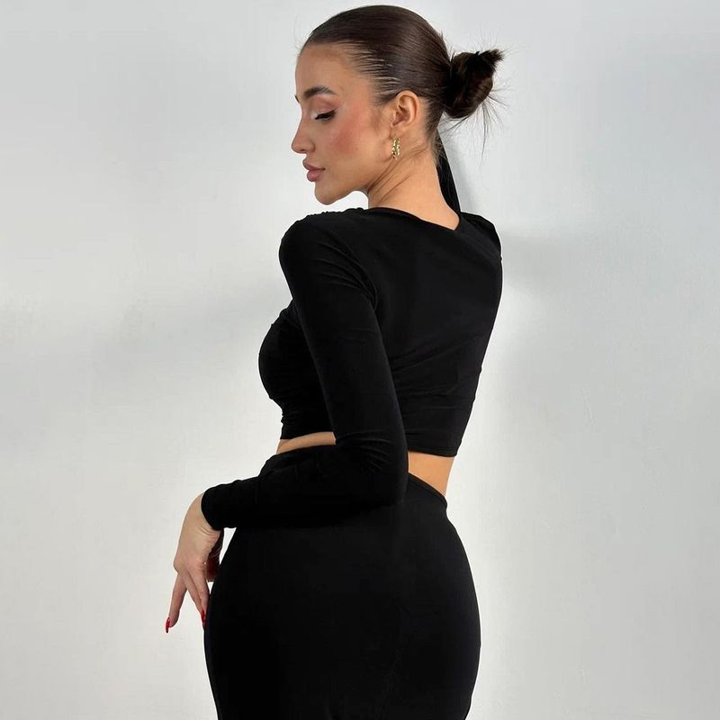 2024 Autunno Inverno Nuova Moda Donna Girocollo Manica Lunga Crop Top Slim Fit Gonna Set Due Pezzi_voghion.com