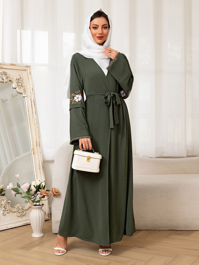 Dammekleeder Elegant gestickt muslimescht laangt Kleed Oppene Cardigan Tailleriem Blummengestickte Kleed Robe_voghion.com