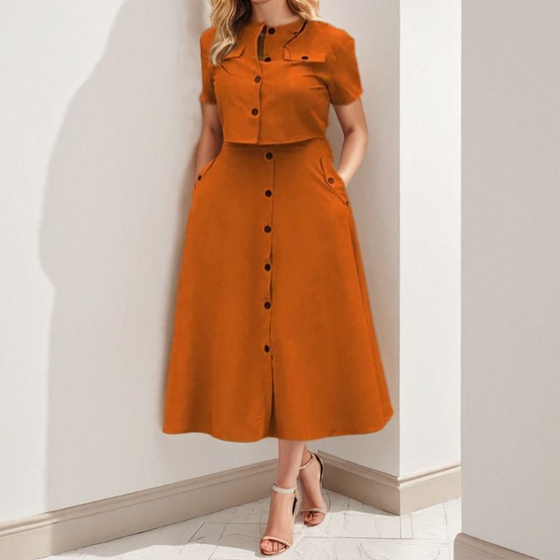 K Women's Elegant Pure Color Casual Short Top With Single Button Skirt Fashion Suit_voghion.com