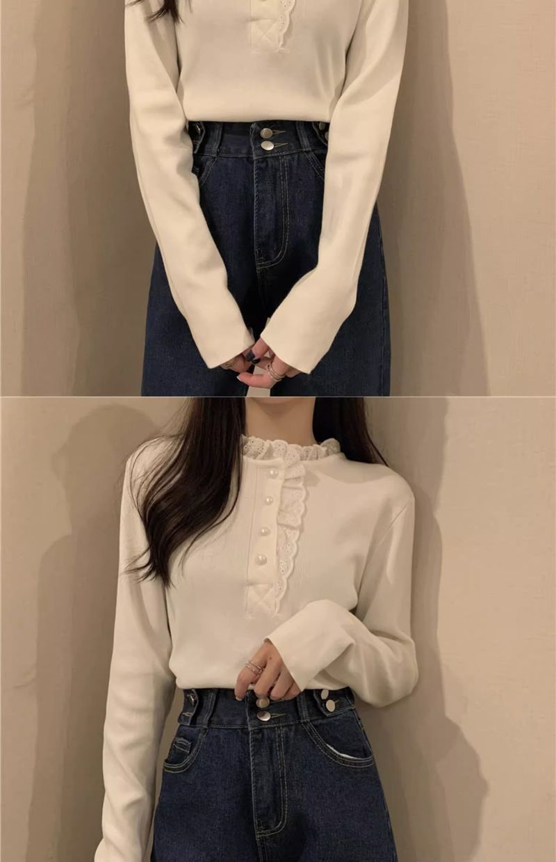 Dolce maglione in stile western con design unico, maglia a maniche lunghe con base in albicocca e pizzo con orecchie di legno, autunno e inverno_voghion.com