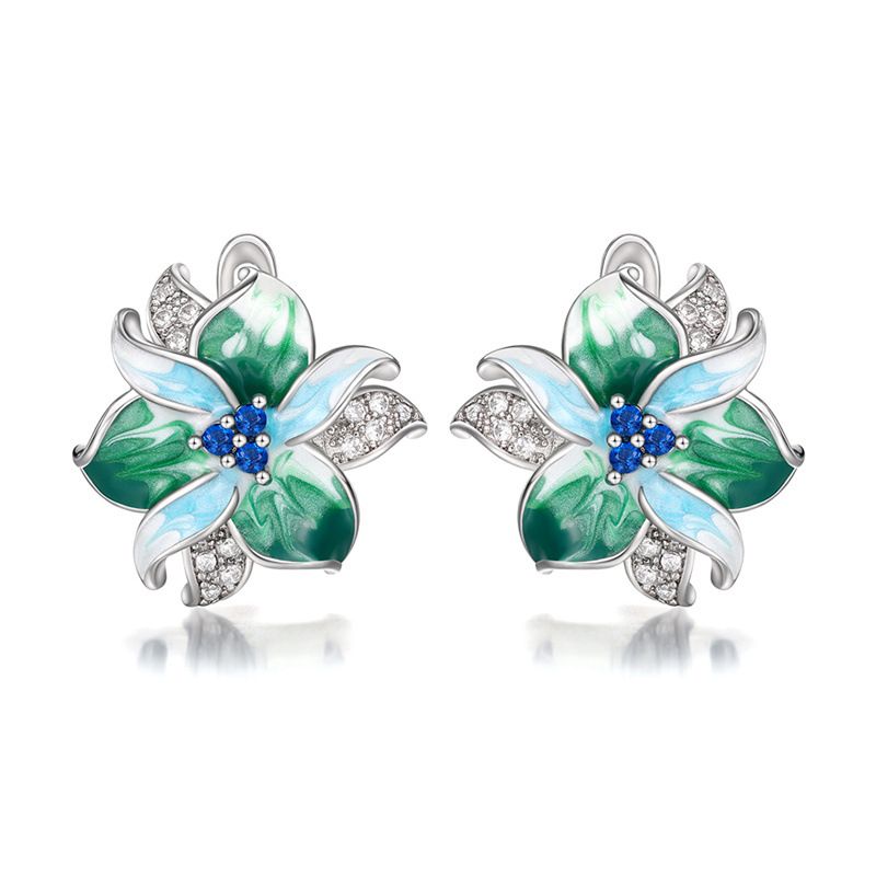 Nuovi orecchini a fiore colorato smaltato verde di Cao Shi con colla cadente e orecchini di zirconi_voghion.com