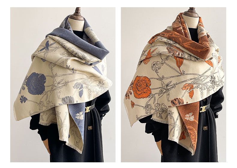 Dwustronny szal z imitacji kaszmiru – zimowy, ciepły, kwiatowy szal dla kobiet i na prezent (w stylu koreańskim, dwustronny, miękki i przytulny)_voghion.com