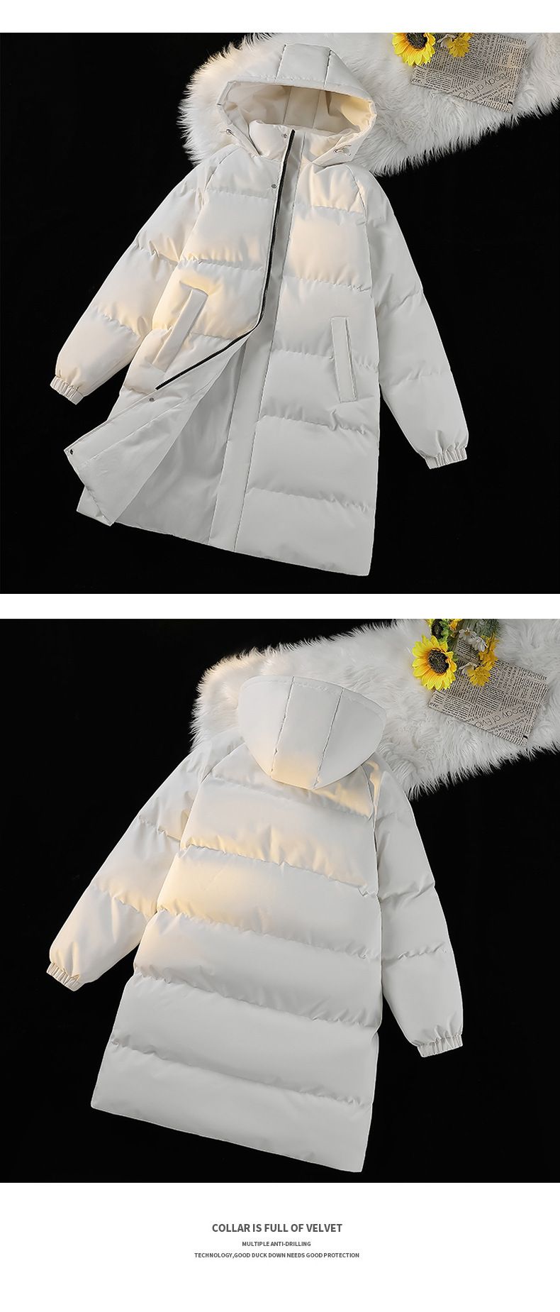 Oversized Long Hooded Winter Coat With Thick Polyester Fill, Knee-Length Warm Padded Jacket For Men & Women, Black & Khaki_voghion.com