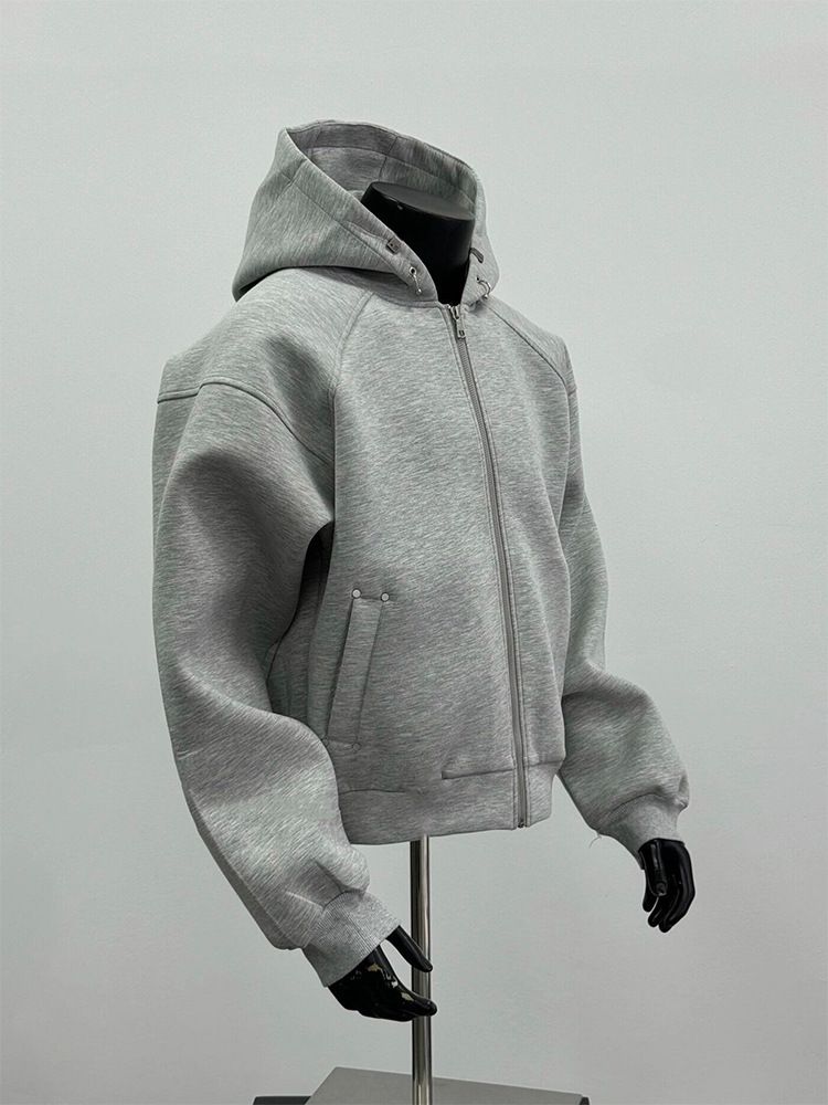 Sudadera con capucha y cremallera para hombre: chaqueta corta de corte holgado y corte regular, jersey gris para un estilo urbano._voghion.com