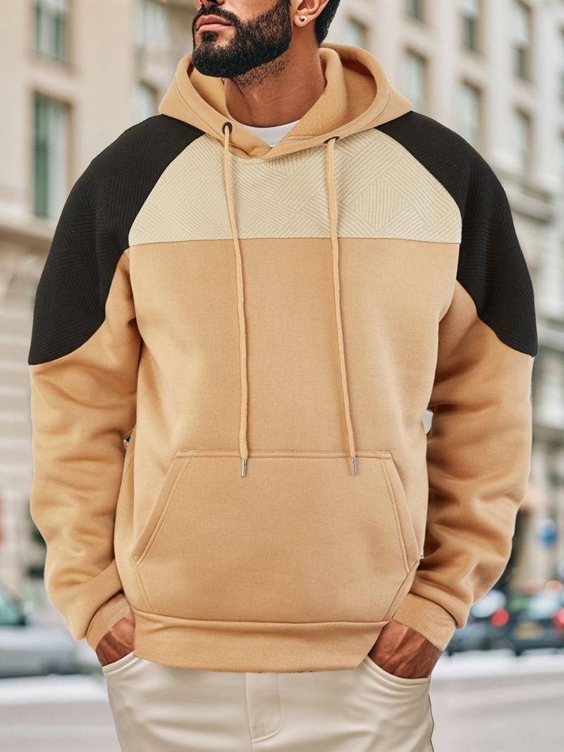 Felpa con cappuccio color-block da uomo: pullover alla moda con pannelli a contrasto e vestibilità comoda (grigio chiaro/nero/kaki/blu navy)_voghion.com