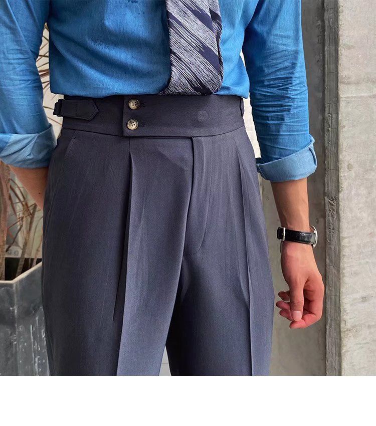 Herrenbekleidung Einfarbige Neun-Punkt-Hose mit hoher Taille Temperament Lässige Business-Hose mit italienischen Pariser Knöpfen Herrentrend_voghion.com
