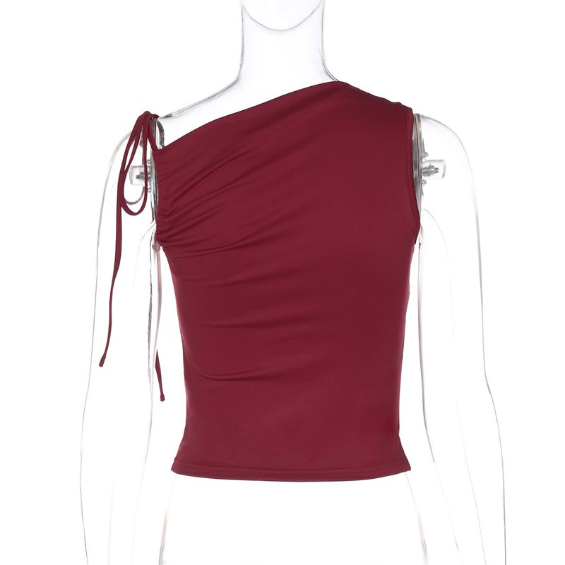Women's Clothing Winter New Fashion Personality Oblique Collar Drawstring Sleeveless Pleated Belly Button Top_voghion.com
