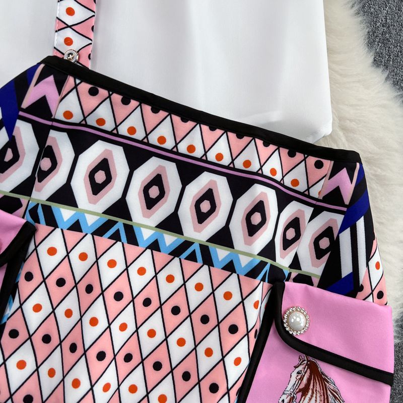 Ženska oblačila, srajca s potiskom s kratkimi rokavi, krilo z visokim pasom in žepom_voghion.com