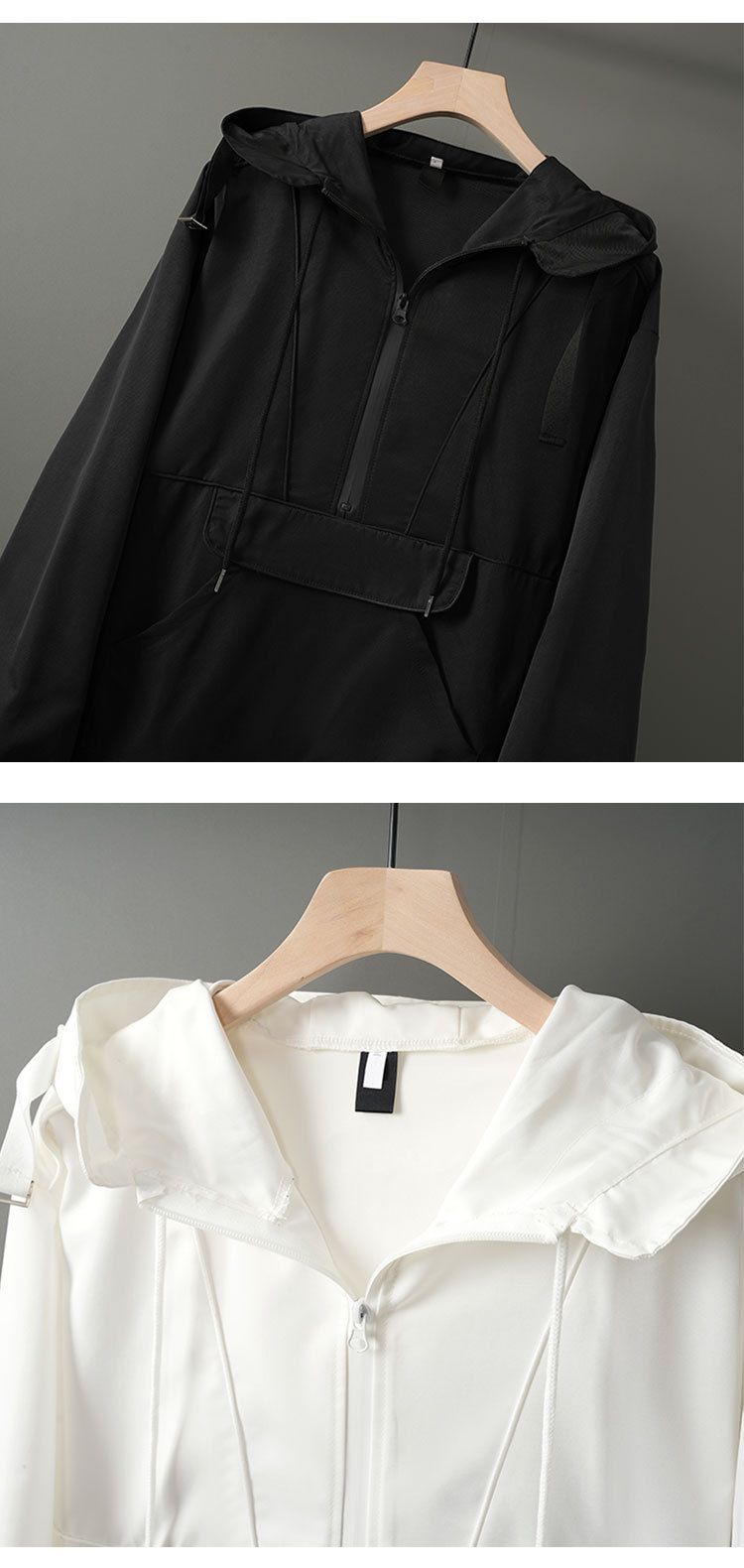 Giacca a vento oversize con cappuccio e cerniera – Giacca streetwear impermeabile con cuciture a contrasto (nero/bianco)_voghion.com