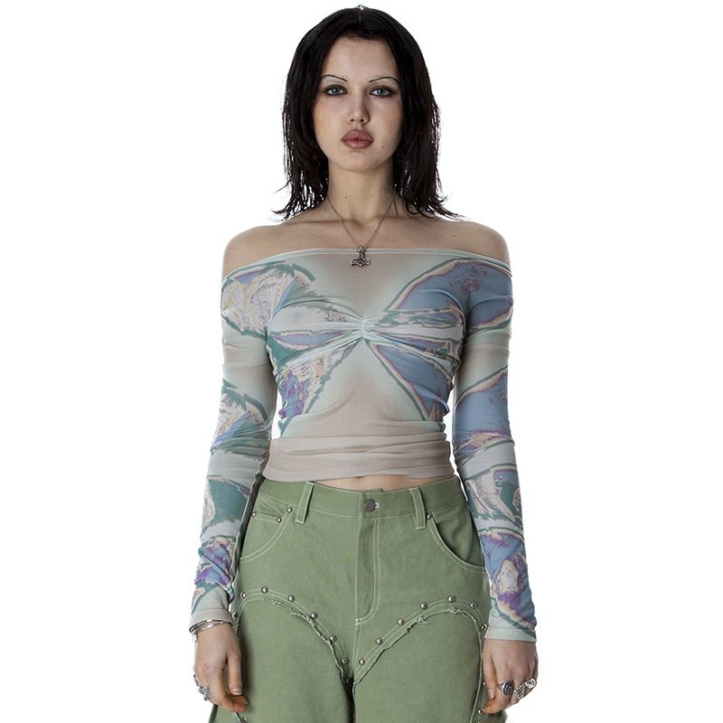 Q23TP394 On lin collar printd long slvd msh shr top for womn's autumn fashion trnd nw product vrsatil_voghion.com