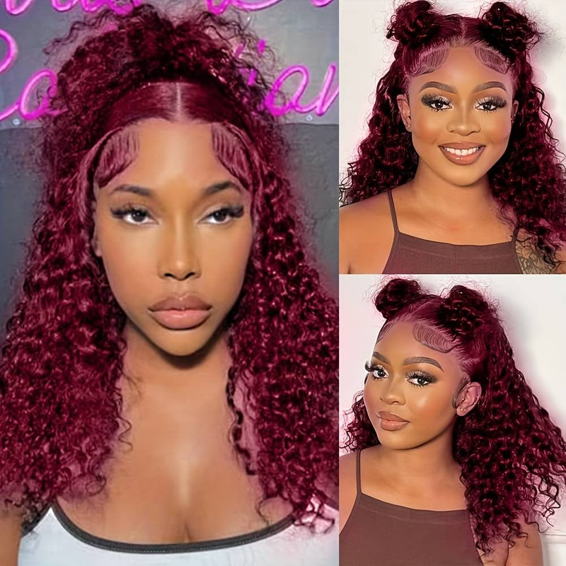 13*4 lace human hair hood 100% human hair water wave perm curly hair burgundy suitable for daily dressing_voghion.com
