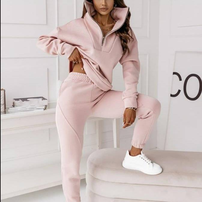 Damenbekleidung Samt-Sweatshirt Stehkragen Reißverschluss Jacke Nähte Hose_voghion.com