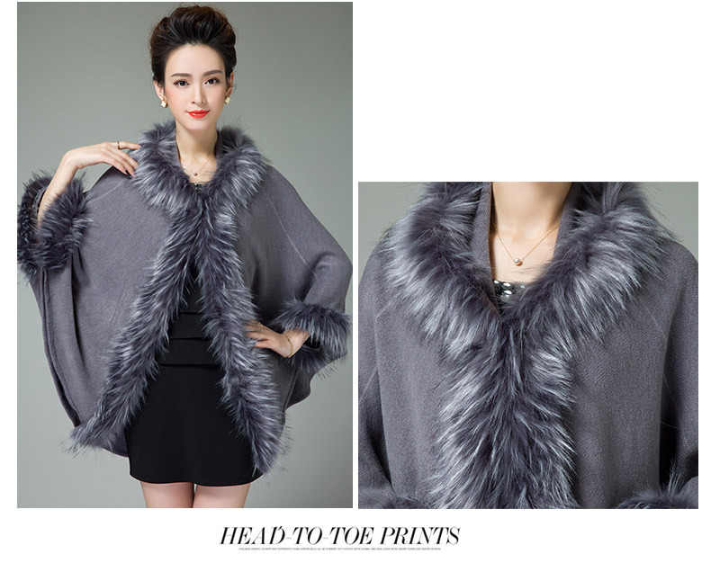Mantella con cappuccio e collo in pelliccia, taglia grande, cardigan lavorato a maglia, cappotto in pelliccia da donna_voghion.com