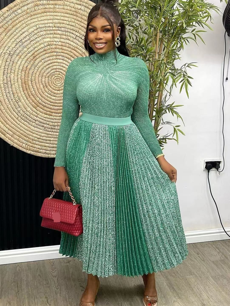Women's Clothing pleated two piece suit printed long sleeved top + long skirt women's clothing_voghion.com