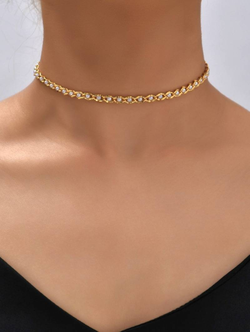 Savi stejný styl niche zlatý perlový náhrdelník měděný pokovený pravý zlatý krátký náhrdelník všestranný dámský řetízek na klíční kost_voghion.com
