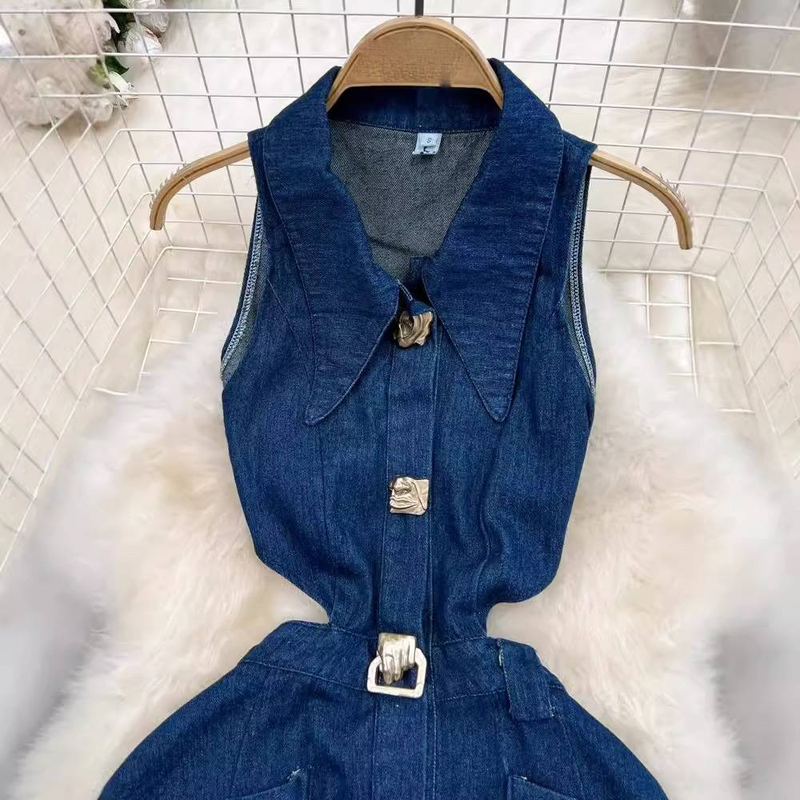 Damenbekleidung Retro Revers Hohle Taille Freiliegende Taille Schlankmachendes Ärmelloses Einreihiges A-Linien-Jeanskleid mit Schlitz Lässiger langer Rock_voghion.com