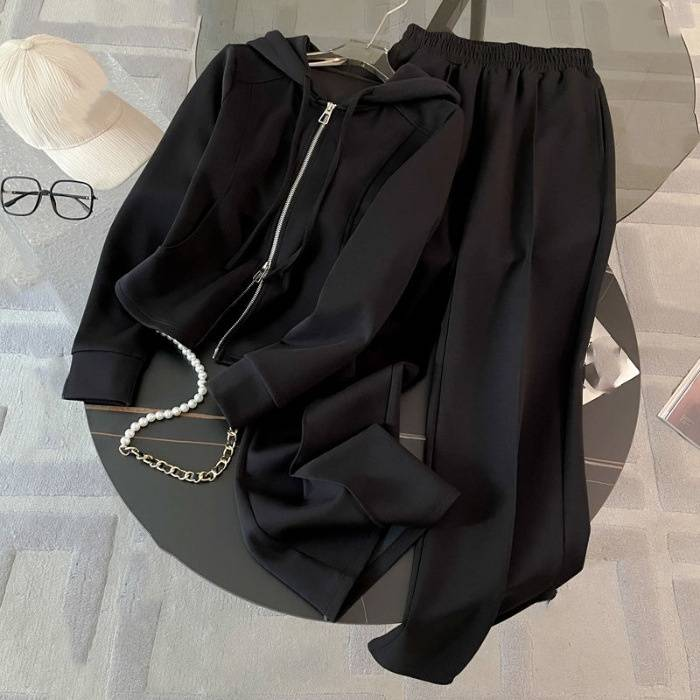 Kadın Giyim Sonbahar Ve Kış Tasarım İnce Kapüşonlu Sweatshirt Yüksek Bel Geniş Paça Pantolon Rahat İki Parça Takım Elbise Kadın_voghion.com