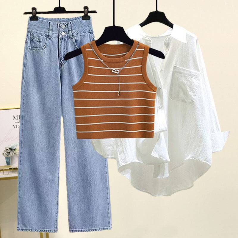 Women's Clothing New Large Size Shirt Top With Striped Vest And Jeans Three Piece Suit_voghion.com