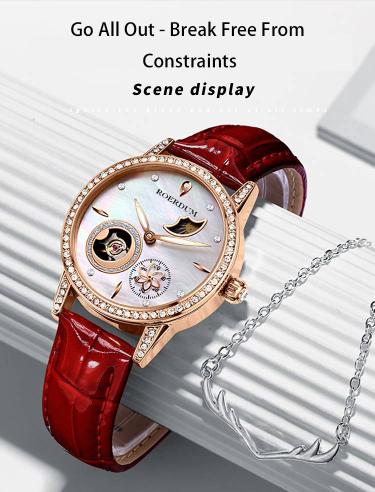 ROERDUM Camellia Collection - Mother-of-Pearl Dial Skeleton Mechanical Watch With Leather Strap, Fashionable Women's Casual Timepiece_voghion.com