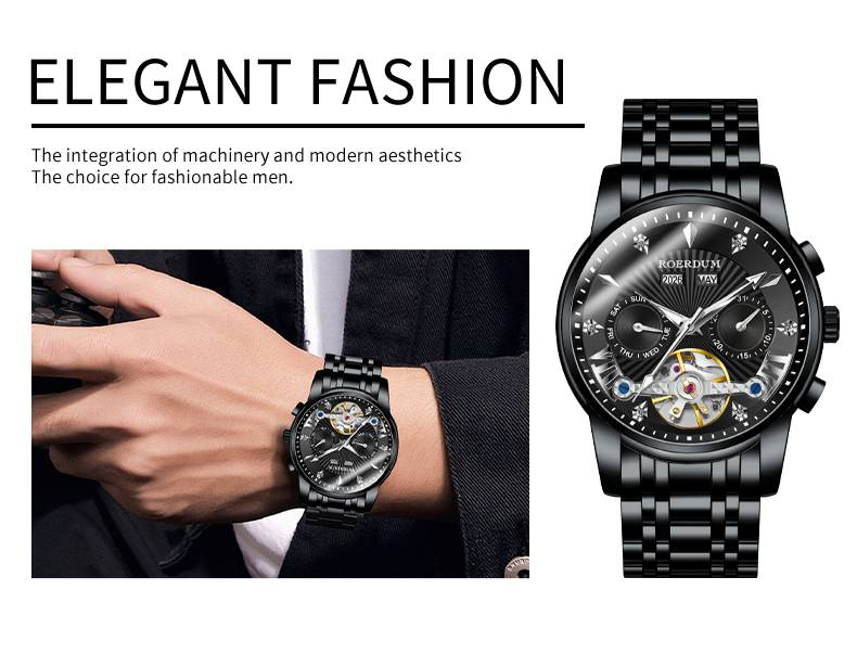 ROERDUM Apocalypse Knights Series – Dual-Color Luminous Hands, Black Dial, Stylish Men's Mechanical Wristwatch_voghion.com