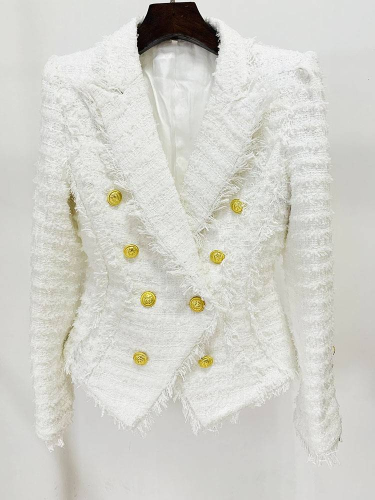 Blazer ajustado de tweed con flecos de estilo estrella para mujer_voghion.com