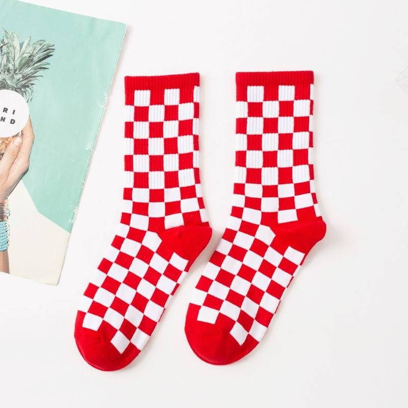 9Pairs--Checkerboard Men's And Women's Fashion Street Brand Mid Tube Academy Style Cotton Skateboarding Socks_voghion.com
