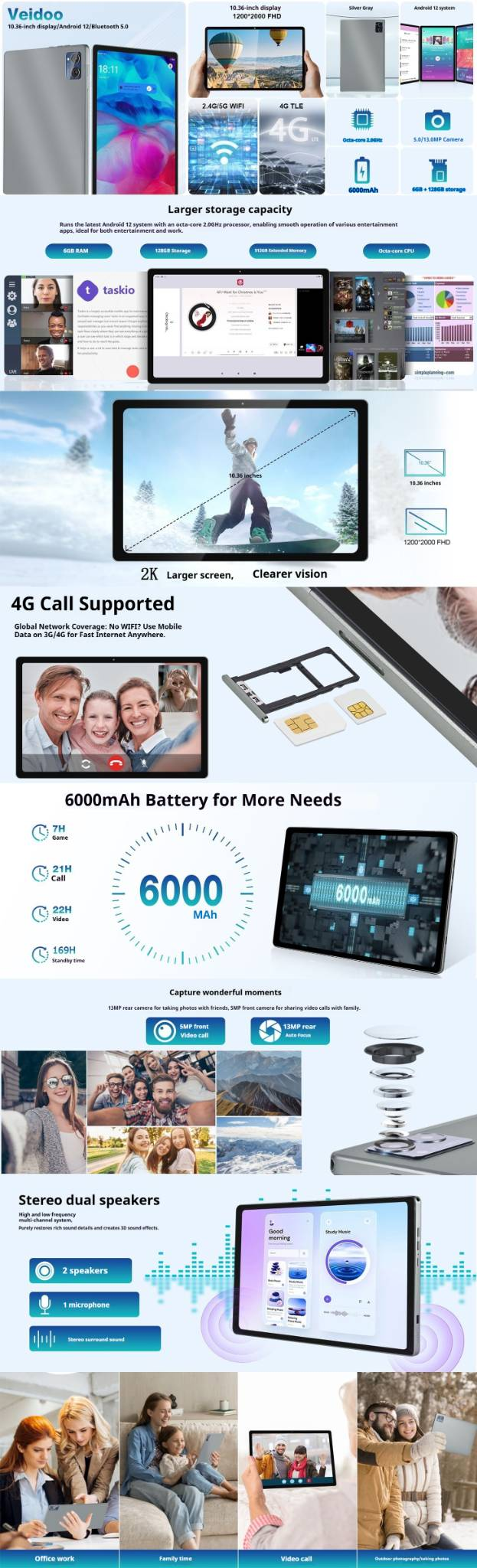 T50 10,36" 2K 4G Tablet – Octa-Core ARM, 6 GB RAM + 128 GB, Dual-SIM, GPS, 13-MP-Kamera, Metallgehäuse (Grau)_voghion.com
