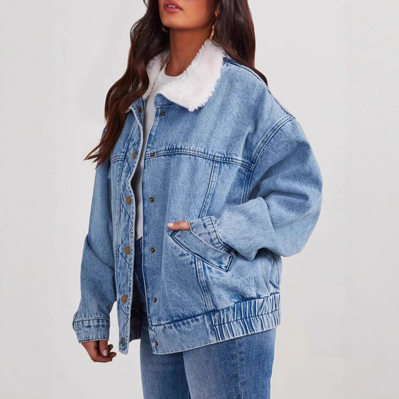 "Damen-Jeansjacke mit Sherpa-Futter – Trucker-Mantel mit abnehmbarem Kunstpelzkragen (S-2XL, Hellblau)"_voghion.com
