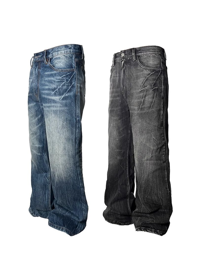 Jeans bootcut da uomo con gamba dritta e lavaggio effetto consumato - Pantaloni in denim vintage per abbigliamento casual (nero, blu)_voghion.com