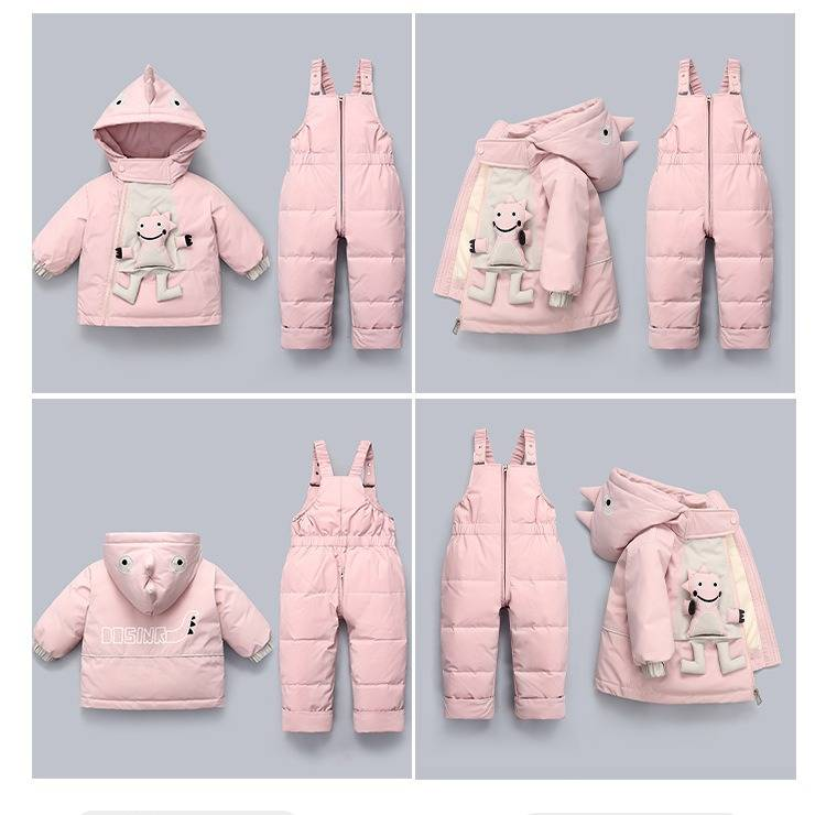 Set di piumini invernali premium per bambini - Tuta da neve calda in 2 pezzi per ragazzi e ragazze, morbido cappotto con cappuccio e bavaglino staccabile, imbottitura in piumino d'anatra bianca al 50%_voghion.com