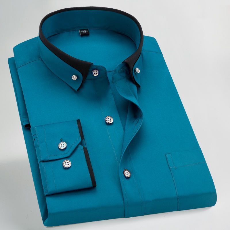 Abbigliamento Uomo Camicia a maniche lunghe non stirabile per uomo, camicia con doppio colletto, casual da lavoro, tinta unita, traspirante, camicia a fondo camicia, abbigliamento formale_voghion.com
