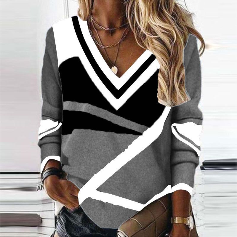 Women's V-neck contrast geometric printing temperament loose long-sleeved sweater_voghion.com
