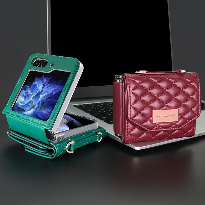 Axelremsfodral i läder med korthållare och plånbok för Samsung Galaxy Z Flip 6 5 4 3 5G, Flip6 Flip5, rem med diamantformad trippelvikning_voghion.com