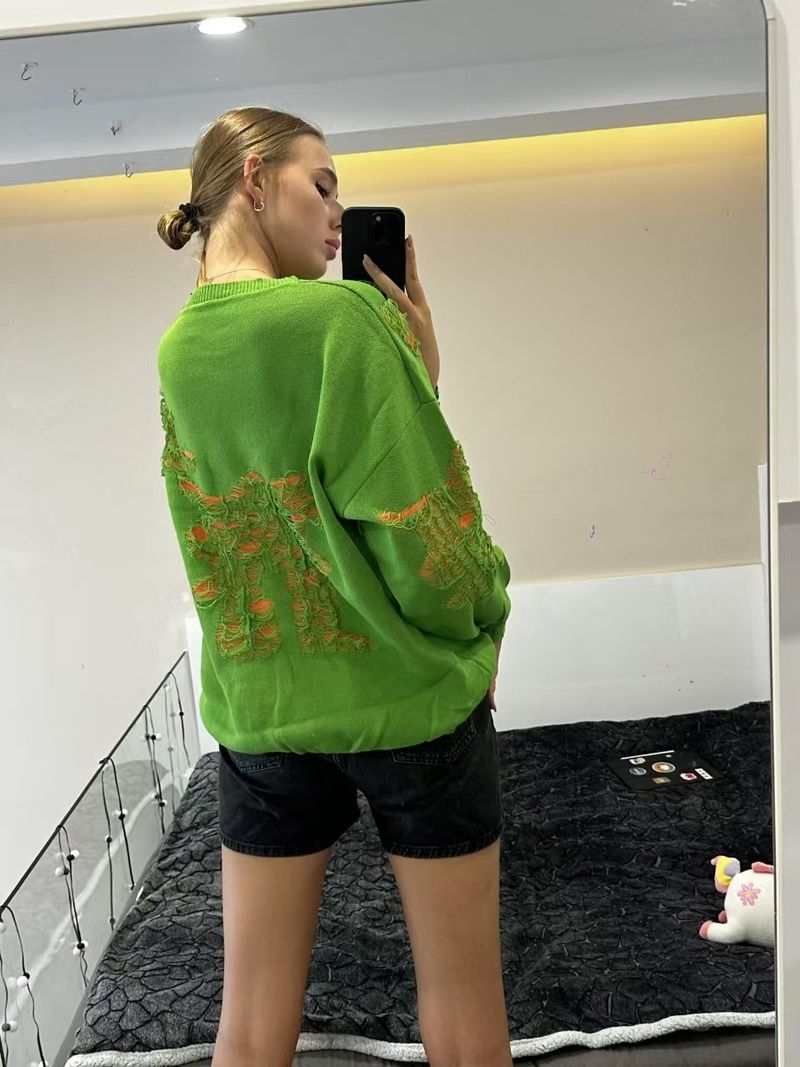 Pull à manches longues style décontracté pour femme, haut tricoté, ample et déchiré_voghion.com