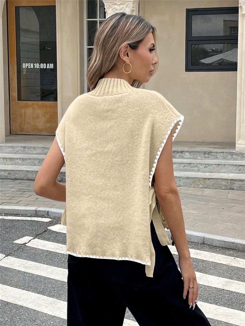 Dameskleding Dames Mouwloos Trui Vest Eenvoudig Ontwerp Contrasterende Kleur Strik Top_voghion.com