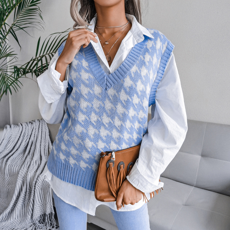 Gilet in maglia casual con scollo a V e motivo pied de poule, autunno inverno 2023_voghion.com