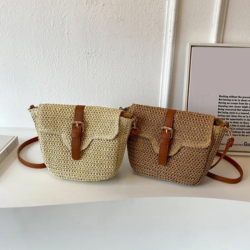 Borsa a tracolla da spiaggia da donna con cintura regolabile Borsa per telefono per la spesa estiva da donna con tracolla in conchiglia in paglia Boho_voghion.com