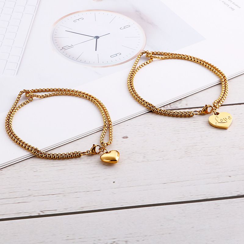 Damesmykker Rustfritt stål Jenter Mote Gyllent hjerteformet dobbeltlags armbånd Strandferie Geometrisk Titanstålsmykker_voghion.com