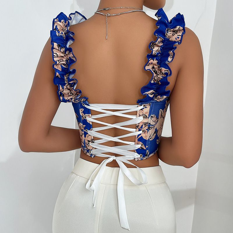 Sweet New V neck Sexy Print Design with Chest Pad Fishbone Slimming Back Strap Top_voghion.com
