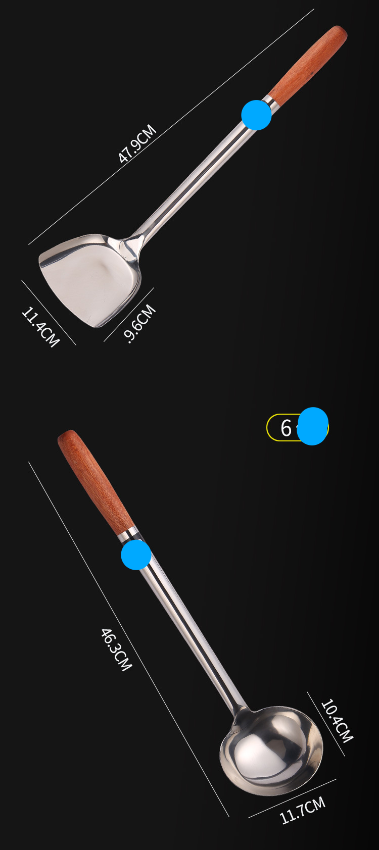 Pour un usage quotidien, manche allongé, spatule brillante spéciale Chef's Kitchen, pelle à mélanger, passoire en acier, cuisine_voghion.com