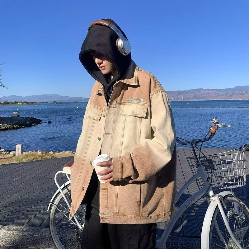 Collar Gradient Retro Color Denim Jacket For Men's Casual Workwear Jacket_voghion.com