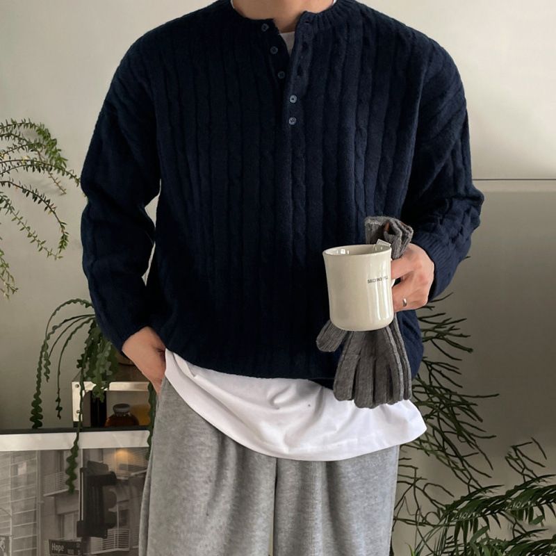 Maglione pullover in maglia a trecce con colletto Henry MYQ per uomo, invernale, caldo, stile coreano, alla moda, ampio e lavorato a maglia_voghion.com