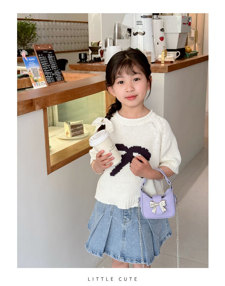 Borsa a tracolla monospalla con catena di nicchia, carina e dolce, per bambini, modello con fiocco, estate 2024._voghion.com