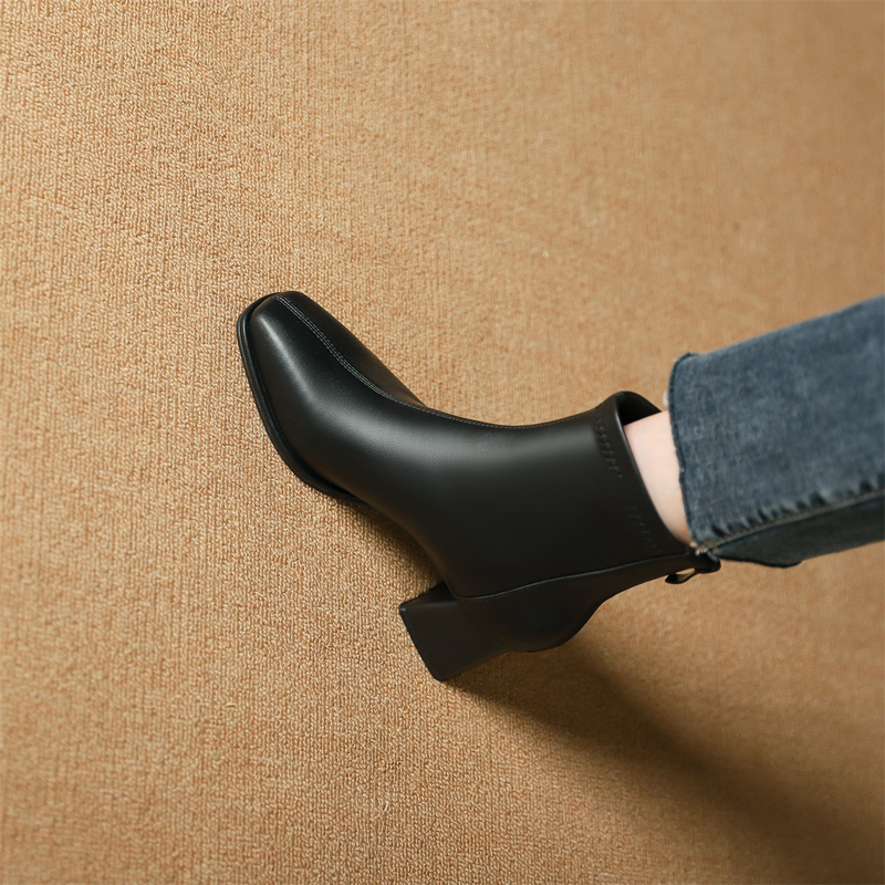 High Heel Square Head Short Boots New Style Square Head Back Zipper Short Boots Thick Heel Boots Spring and Autumn_voghion.com