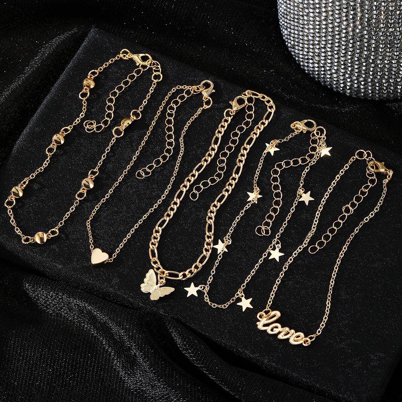 Set di cavigliere a strati in metallo con farfalla a stella a cinque punte LOVE da 5 pezzi_voghion.com