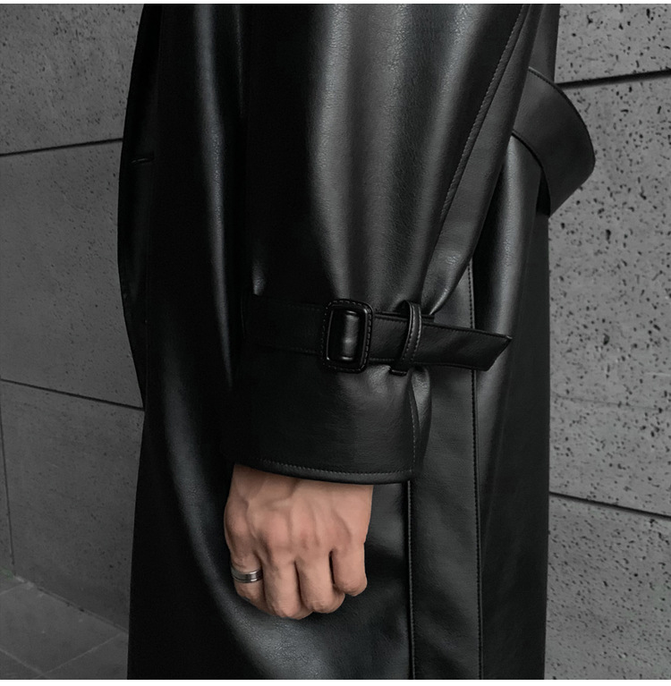 Roupas masculinas cor sólida casaco longo de couro casaco solto trench coat fashion casaco_voghion.com
